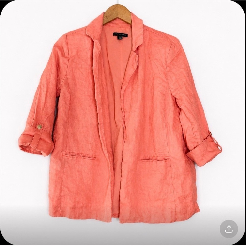 Saks Fifth Ave Blazer‎ Jacket Womens M 100% Linen Roll Tab Sleeve Coastal Preppy